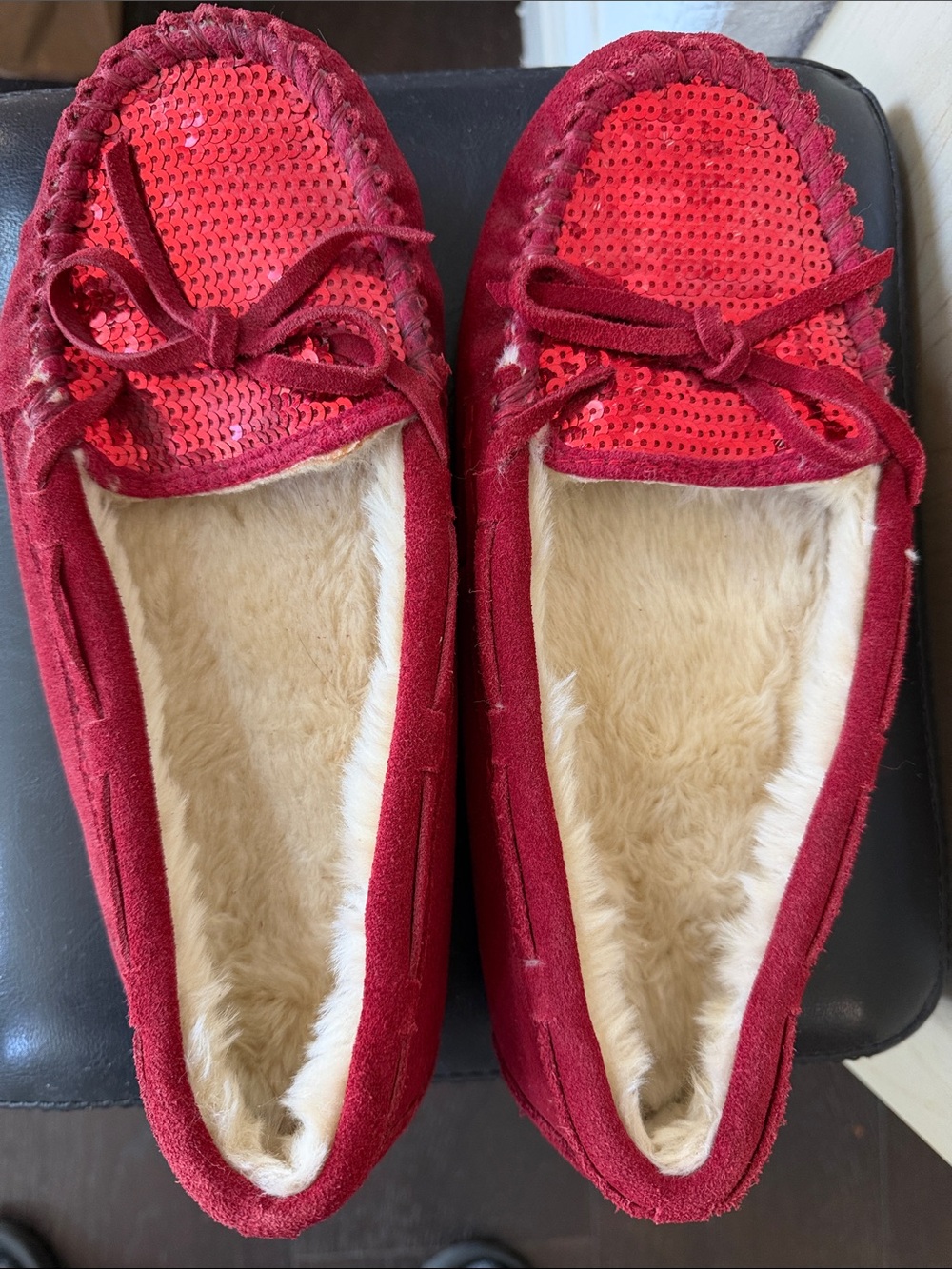 Cozy Red Sequin-Accent Fur Lined Moccasins,sz 9 New